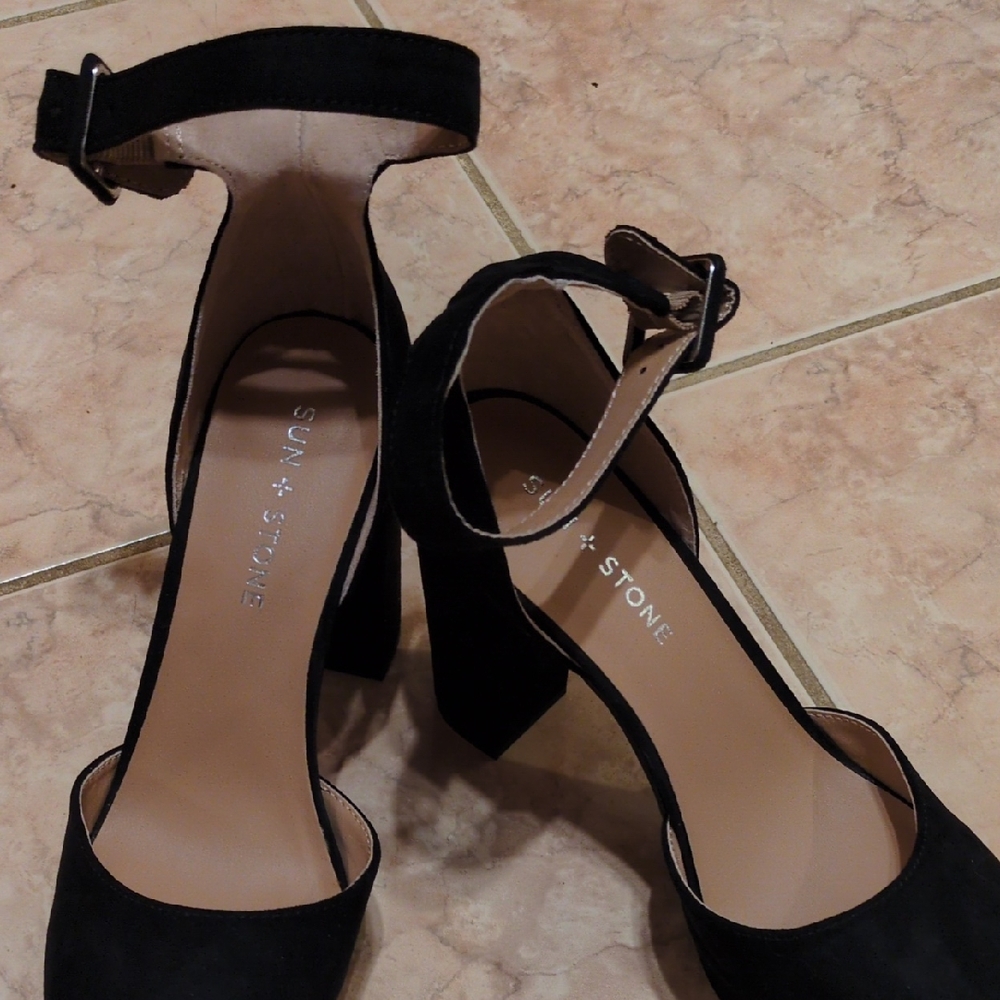 Sun + Stone Black Block Heel Ankle Strap Heels